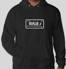 Load image into Gallery viewer, BackUp Goalie Life Black Hoodie - White License Plate Logo

