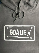 Load image into Gallery viewer, BackUp Goalie Life Black Hoodie - White License Plate Logo
