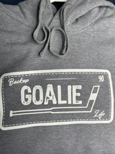 Load image into Gallery viewer, BackUp Goalie Life Grey Hoodie - White License Plate Logo
